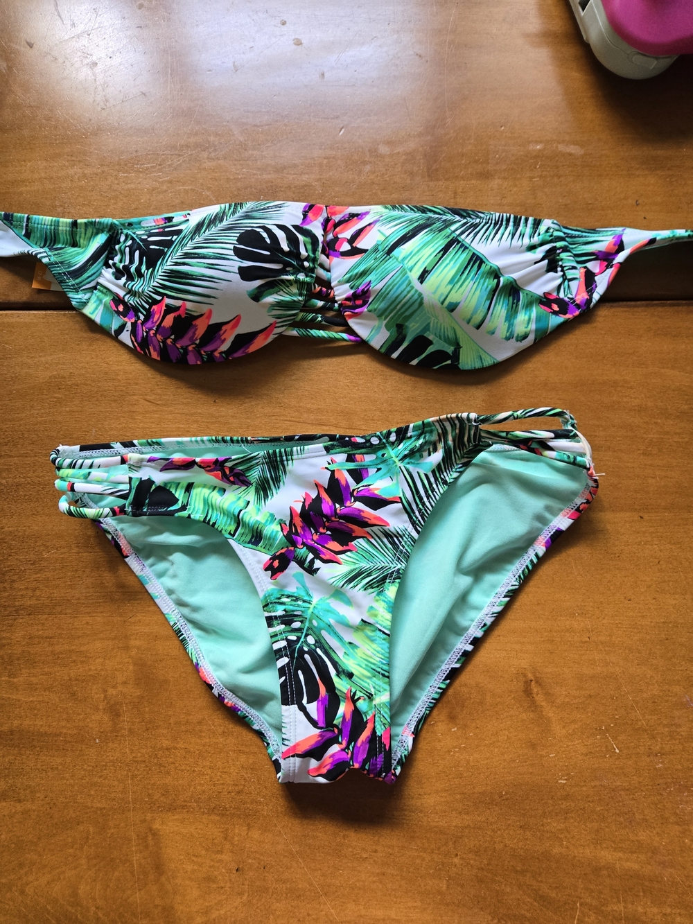 No Boundaries Tropical Leaf Bandeau Bikini Set - Mint, Green & Pink Jr 7 to 9